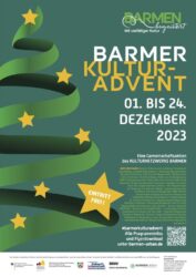 Plakat Kulturadvent 2023, Tannenbaum aus grünem Band auf grünem Grund, einige gelbe Sterne