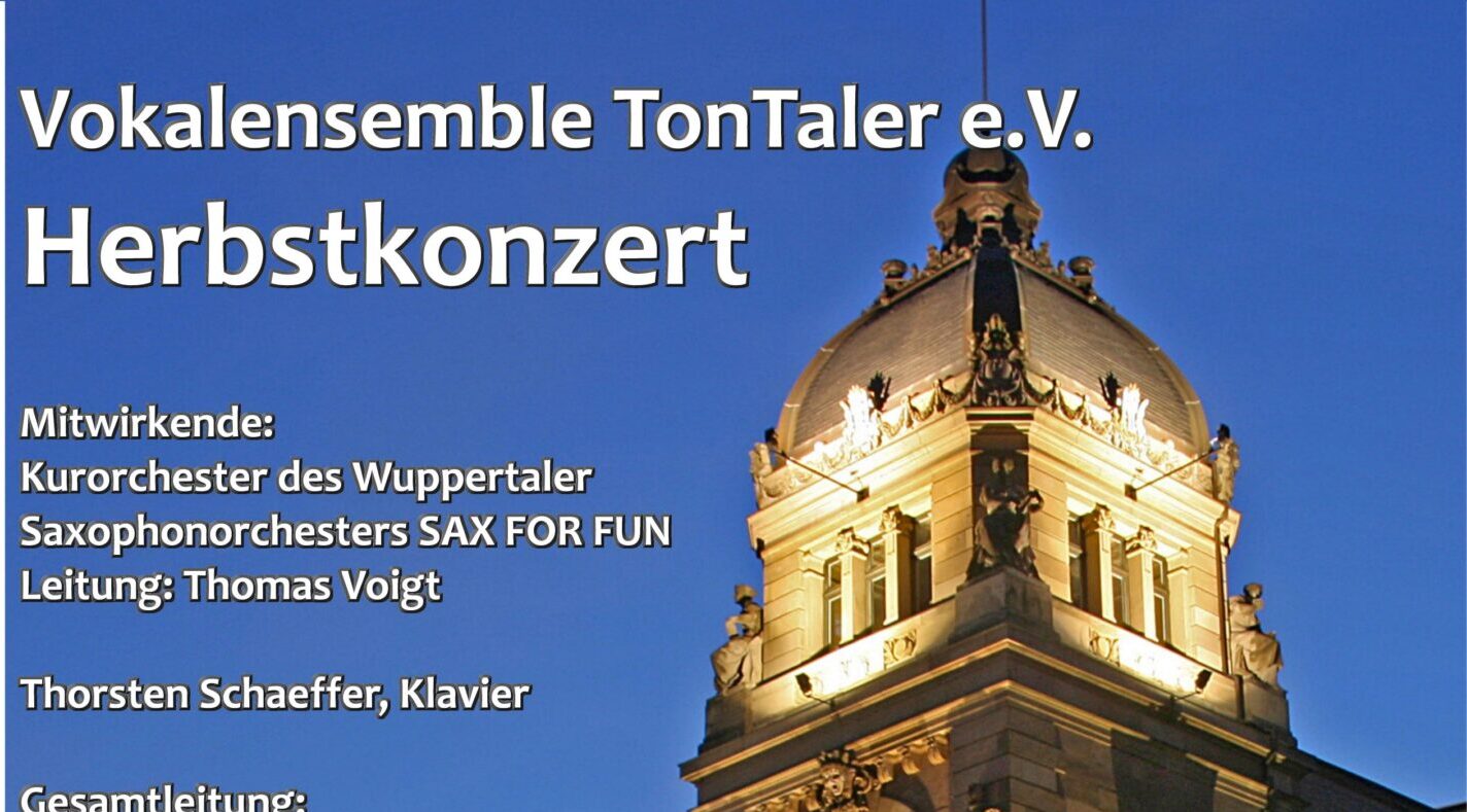 Plakat Herbstkonzert TonTaler, beleuchteter Turm der Historischen Stadthalle Wuppertal vor Abendhimmel